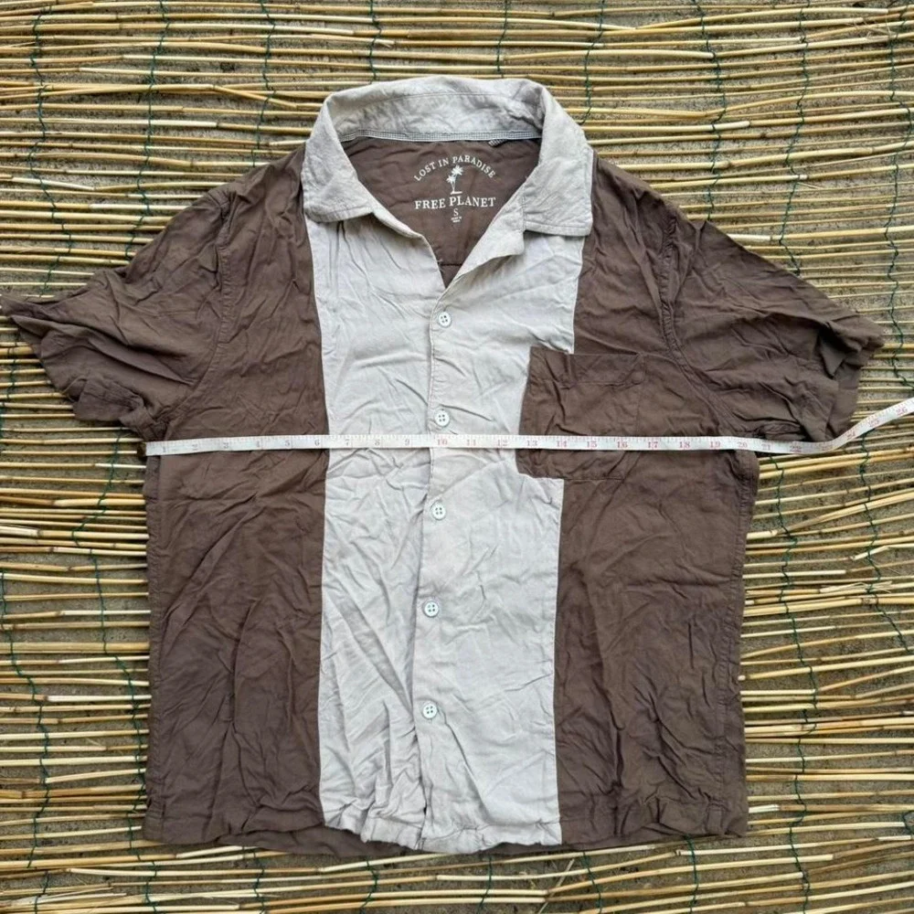 Free Planet Bowling Shirt Mens Size Small Brown Beige Colorblock‎ Short Sleeve
